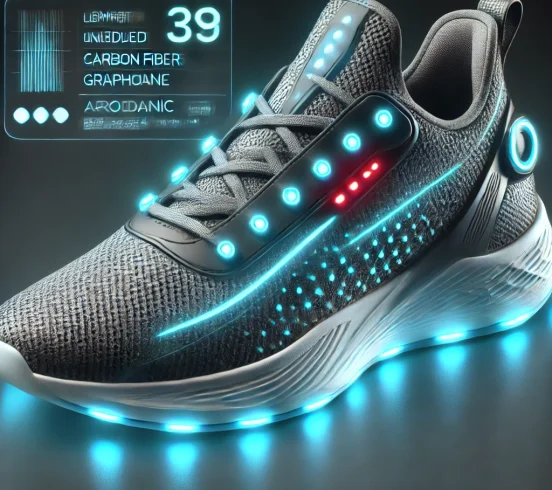 DALL·E 2025-02-28 02.15.11 - A futuristic sports shoe with embedded smart sensors, glowing interface, and an aerodynamic design. The shoe is lightweight, made of advanced material