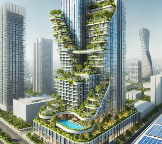 DALL·E 2025-02-28 02.28.37 - A modern eco-friendly skyscraper with a sleek glass facade, solar panels, and lush green terraces. The building is designed with futuristic elements,